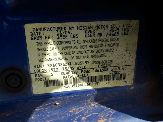 3N1CB51DX6L505497 - 2006 NISSAN SENTRA 1.8 BLUE photo 10