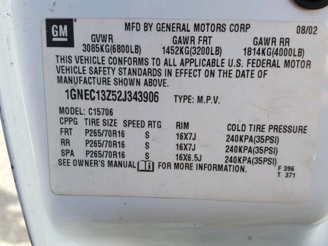 1GNEC13Z52J343906 - 2002 CHEVROLET TAHOE C150 WHITE photo 10