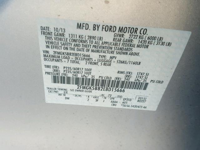 2FMGK5B82EBD15666 - 2014 FORD FLEX SE SILVER photo 10