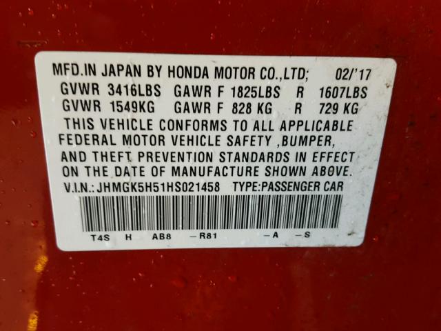 JHMGK5H51HS021458 - 2017 HONDA FIT LX RED photo 10