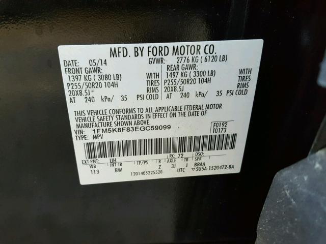 1FM5K8F83EGC59099 - 2014 FORD EXPLORER L BURN photo 10