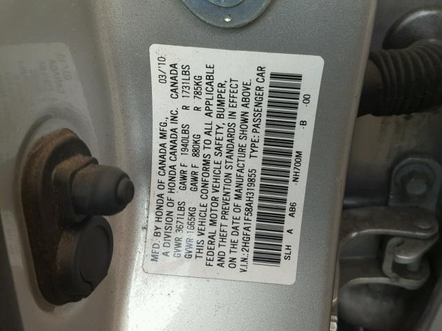 2HGFA1F58AH319855 - 2010 HONDA CIVIC LX SILVER photo 10