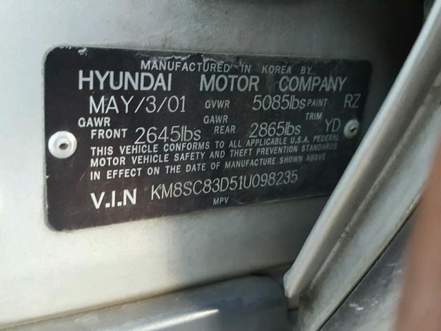 KM8SC83D51U098235 - 2001 HYUNDAI SANTA FE G SILVER photo 10