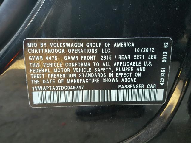 1VWAP7A37DC049747 - 2013 VOLKSWAGEN PASSAT S შავი ფოტო 10