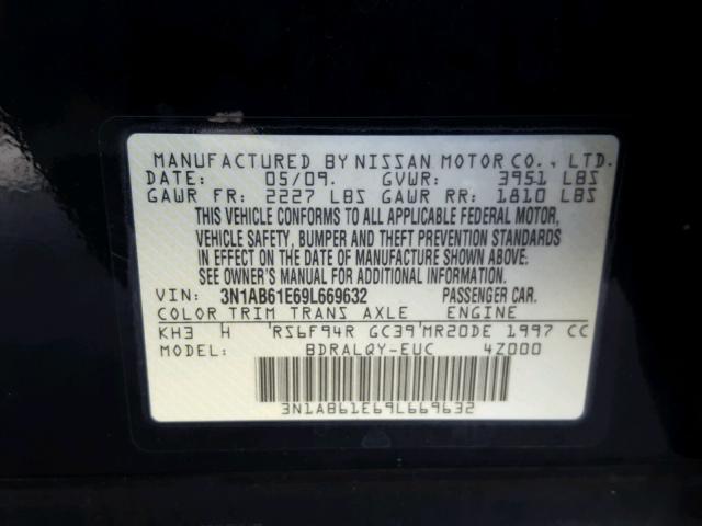 3N1AB61E69L669632 - 2009 NISSAN SENTRA 2.0 BLACK photo 10