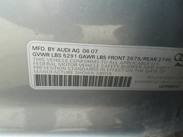 WAUDH74FX8N014128 - 2008 AUDI A6 3.2 QUA CHARCOAL photo 10