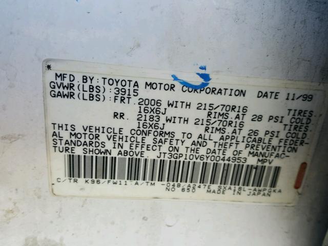 JT3GP10V6Y0044953 - 2000 TOYOTA RAV4 WHITE photo 10