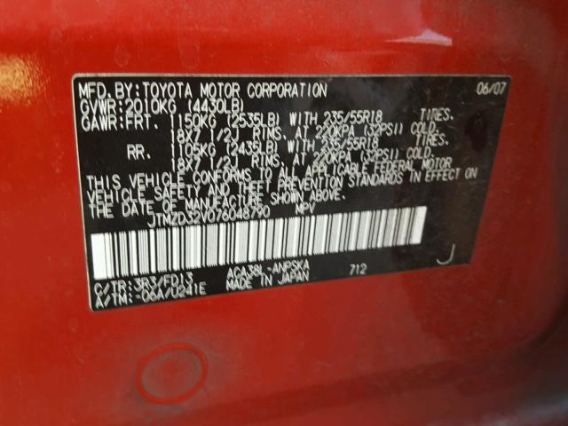 JTMZD32V076048790 - 2007 TOYOTA RAV4 SPORT RED photo 10