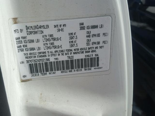 3B7KF26ZX2M221906 - 2002 DODGE RAM 2500 WHITE photo 10
