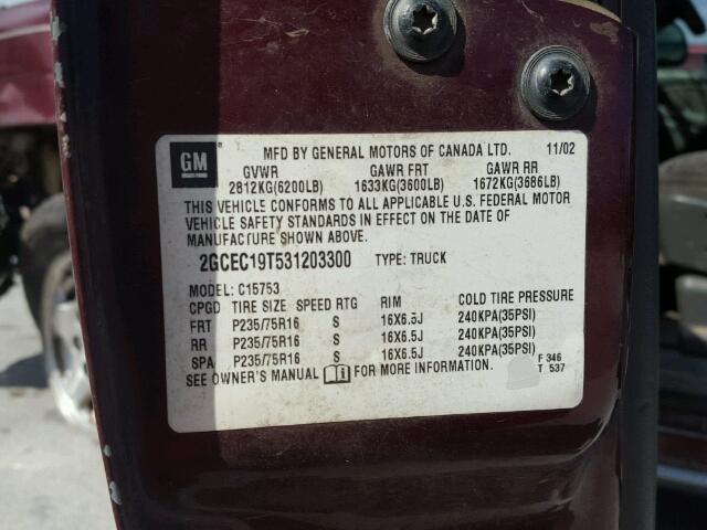 2GCEC19T531203300 - 2003 CHEVROLET SILVERADO BURGUNDY photo 10