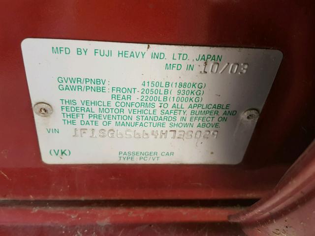 JF1SG65664H738029 - 2004 SUBARU FORESTER 2 RED photo 10