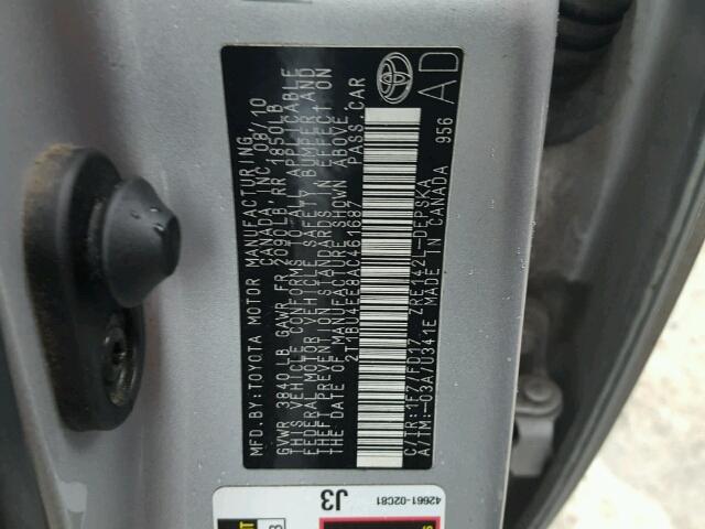 2T1BU4EE8AC461687 - 2010 TOYOTA COROLLA BA SILVER photo 10