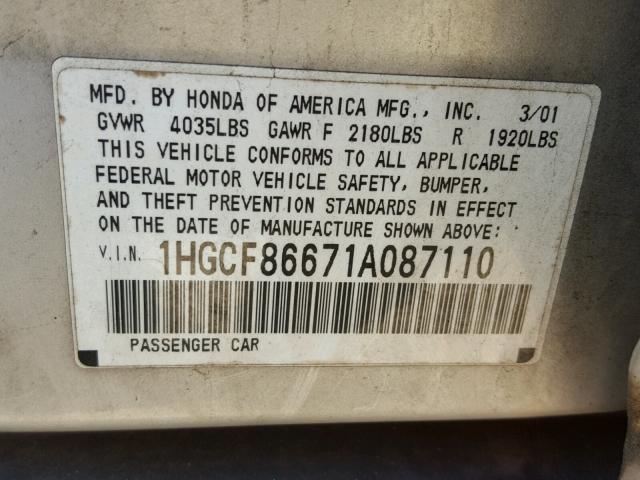 1HGCF86671A087110 - 2001 HONDA ACCORD VAL SILVER photo 10