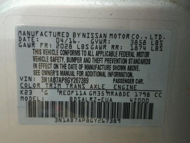 3N1AB7AP8GY267389 - 2016 NISSAN SENTRA S SILVER photo 10