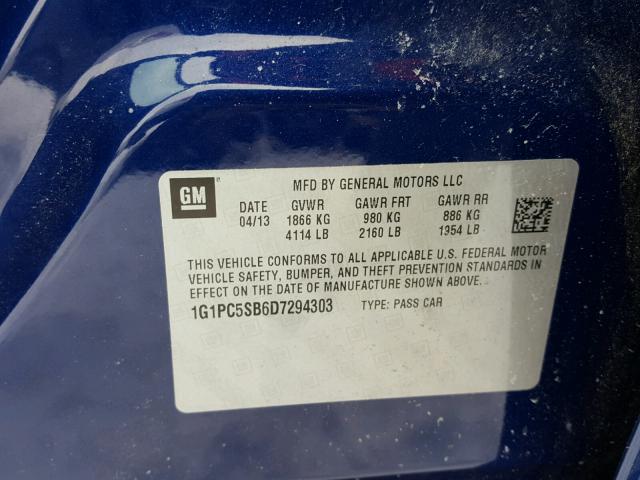 1G1PC5SB6D7294303 - 2013 CHEVROLET CRUZE LT BLUE photo 10