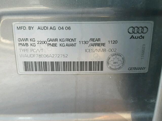 WAUDF78E06A272752 - 2006 AUDI A4 2.0T QU GRAY photo 10