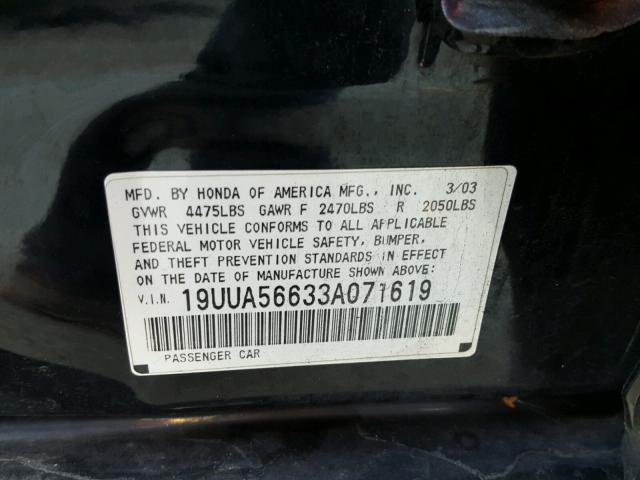 19UUA56633A071619 - 2003 ACURA 3.2TL BLACK photo 10