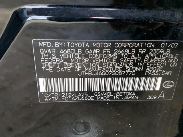 JTHBJ46G072087770 - 2007 LEXUS ES 350 BLACK photo 10