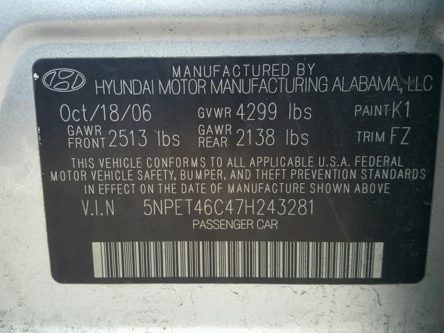 5NPET46C47H243281 - 2007 HYUNDAI SONATA GLS SILVER photo 10