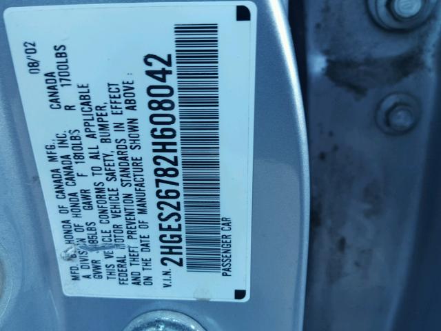 2HGES26782H608042 - 2002 HONDA CIVIC EX ვერცხლისფერი ფოტო 10