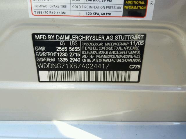 WDDNG71X87A024417 - 2007 MERCEDES-BENZ S 550 SILVER photo 10