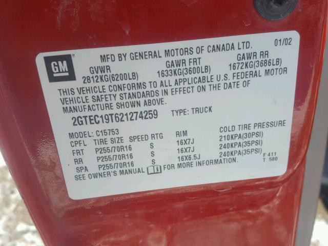 2GTEC19T621274259 - 2002 GMC NEW SIERRA RED photo 10