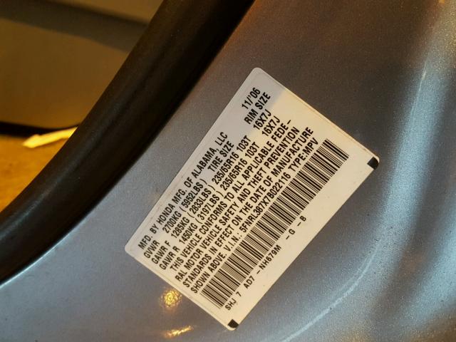 5FNRL387X7B022116 - 2007 HONDA ODYSSEY EX GRAY photo 10