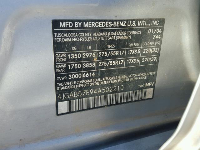 4JGAB57E94A502210 - 2004 MERCEDES-BENZ ML 350 SILVER photo 10