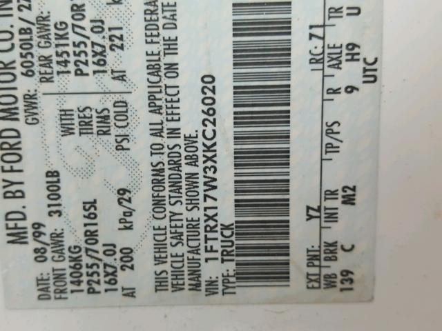 1FTRX17W3XKC26020 - 1999 FORD F150 Biały zdjęcie 10