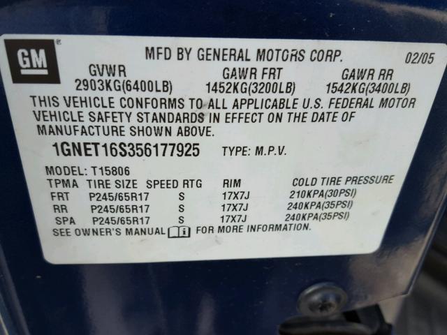 1GNET16S356177925 - 2005 CHEVROLET TRAILBLAZE BLUE photo 10