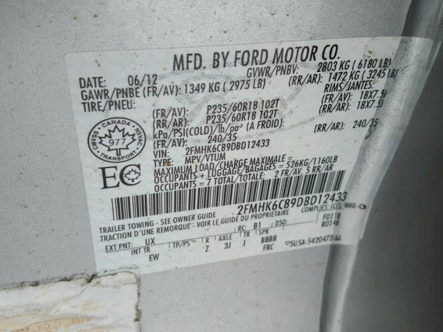 2FMHK6C89DBD12433 - 2013 FORD FLEX SEL SILVER photo 10