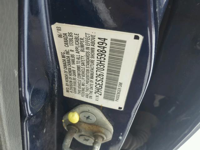 2HGES26703H598494 - 2003 HONDA CIVIC EX BLUE photo 10