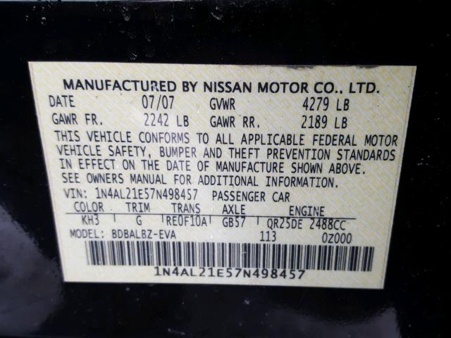 1N4AL21E57N498457 - 2007 NISSAN ALTIMA 2.5 BLACK photo 10