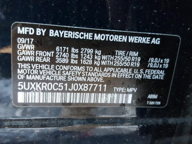 5UXKR0C51J0X87711 - 2018 BMW X5 XDRIVE3 BLACK photo 10