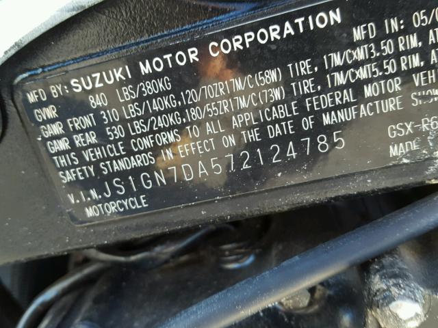 JS1GN7DA572124785 - 2007 SUZUKI GSX-R600 SILVER photo 10