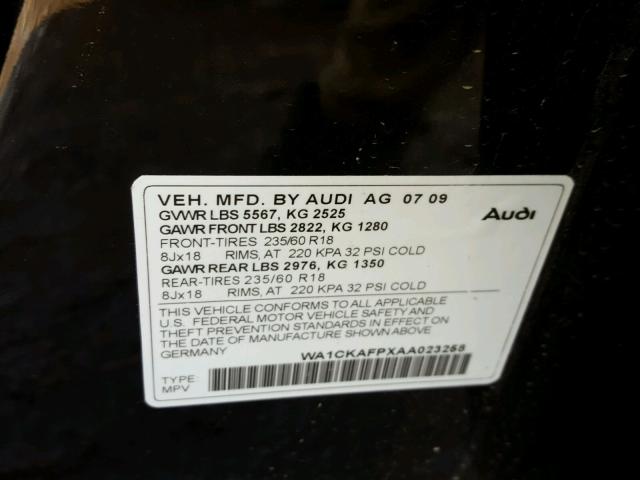 WA1CKAFPXAA023258 - 2010 AUDI Q5 PREMIUM BLACK photo 10