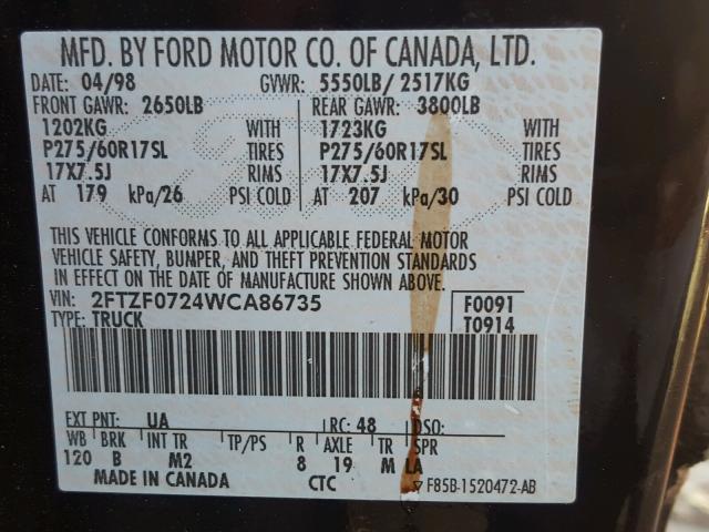 2FTZF0724WCA86735 - 1998 FORD F150 BLACK photo 10