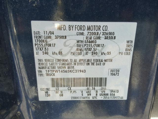 1FTPW14565KC31943 - 2005 FORD F150 SUPER BLUE photo 10