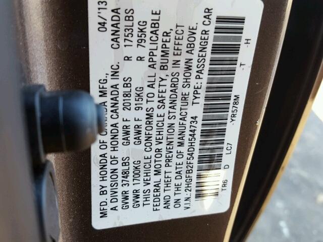 2HGFB2F54DH544734 - 2013 HONDA CIVIC LX BROWN photo 10