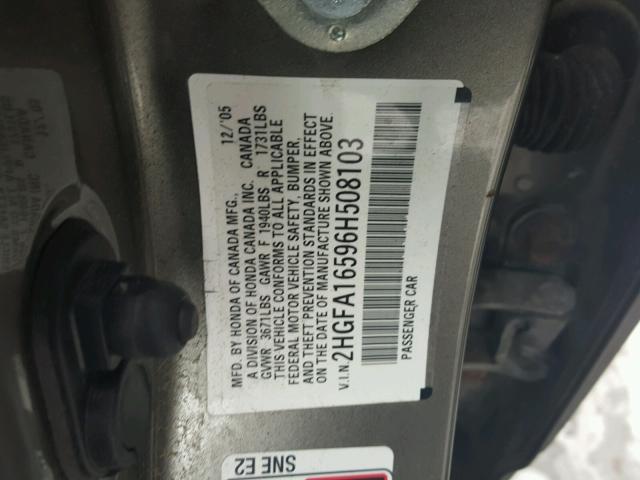 2HGFA16596H508103 - 2006 HONDA CIVIC LX GRAY photo 10