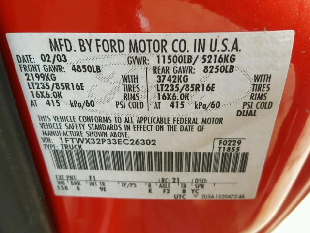 1FTWX32P33EC26302 - 2003 FORD F350 SUPER RED photo 10