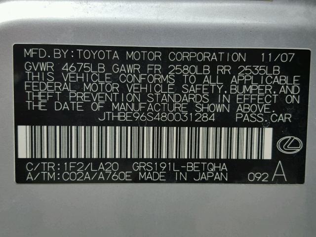 JTHBE96S480031284 - 2008 LEXUS GS 350 SILVER photo 10