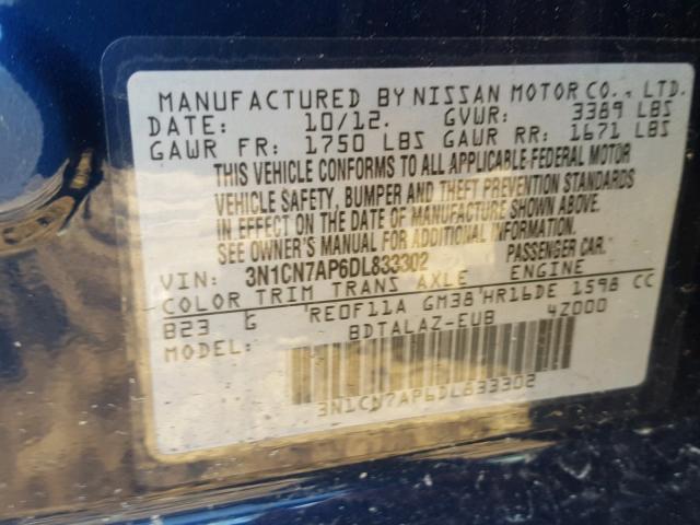 3N1CN7AP6DL833302 - 2013 NISSAN VERSA S BLUE photo 10