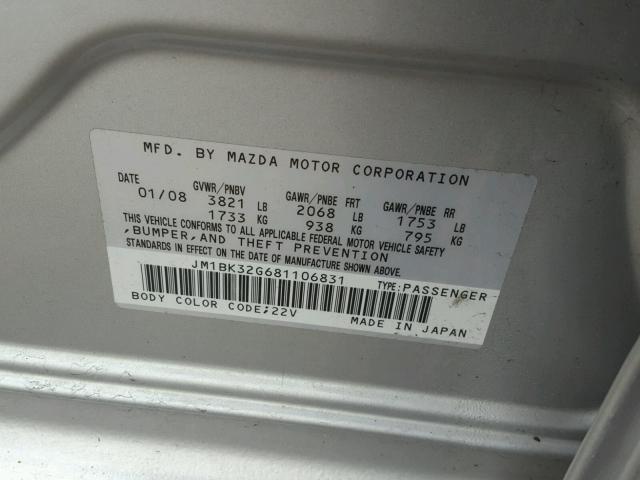 JM1BK32G681106831 - 2008 MAZDA 3 I SILVER photo 10