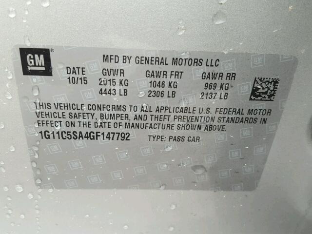 1G11C5SA4GF147792 - 2016 CHEVROLET MALIBU LIM 银色 照片 10