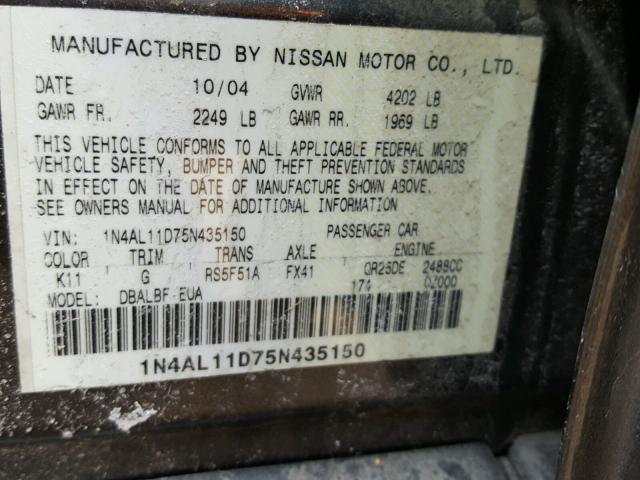 1N4AL11D75N435150 - 2005 NISSAN ALTIMA S GRAY photo 10