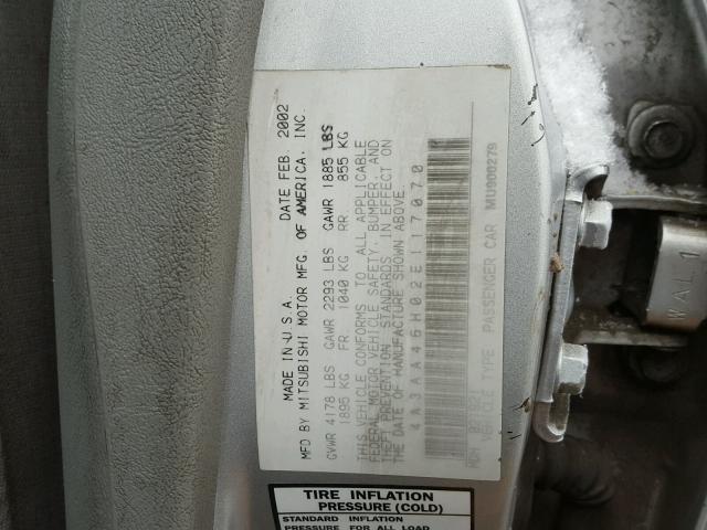 4A3AA46H02E117070 - 2002 MITSUBISHI GALANT ES SILVER photo 10