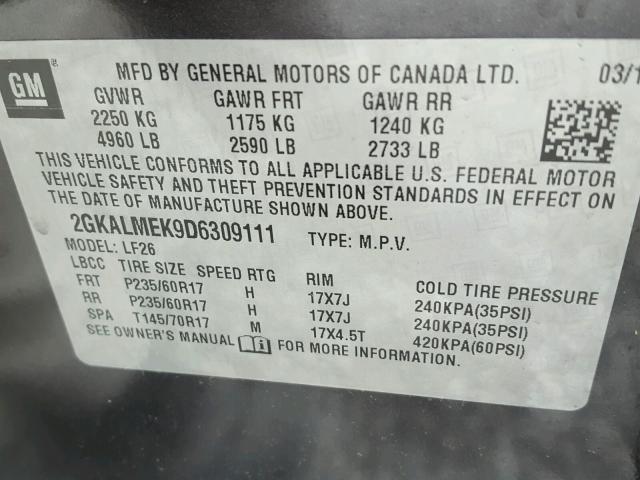 2GKALMEK9D6309111 - 2013 GMC TERRAIN SL CHARCOAL photo 10