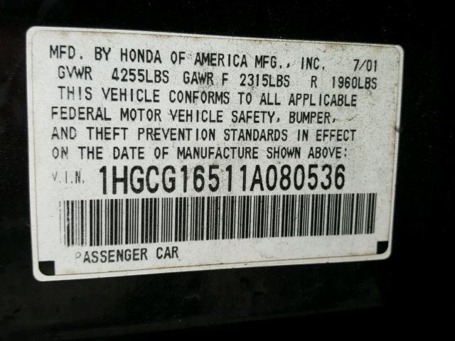 1HGCG16511A080536 - 2001 HONDA ACCORD EX BLACK photo 10