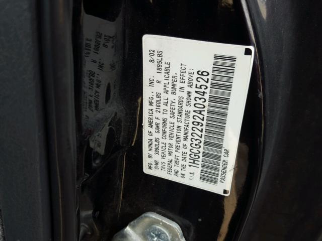 1HGCG32292A034526 - 2002 HONDA ACCORD SE BLACK photo 10